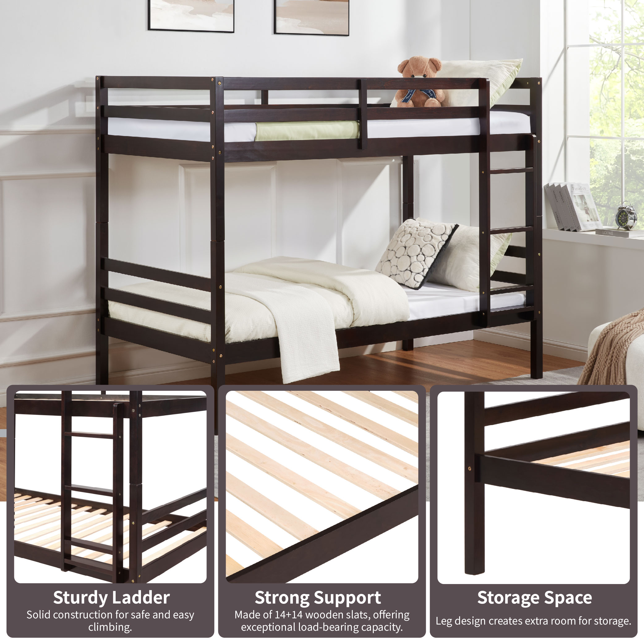 Twin over Twin Bunk Bed with Ladder,Wooden Bunk Bed with High Guardrail and Ladder for Kids, Teens, Dorm Rooms, and Guest Rooms,No Box Spring Needed,Espresso Twin over Twin Bunk Bed with Ladder,Wooden Bunk Bed with High Guardrail and Ladder for Kids, Teens, Dorm Rooms, and Guest Rooms,No Box Spring Needed,Espresso